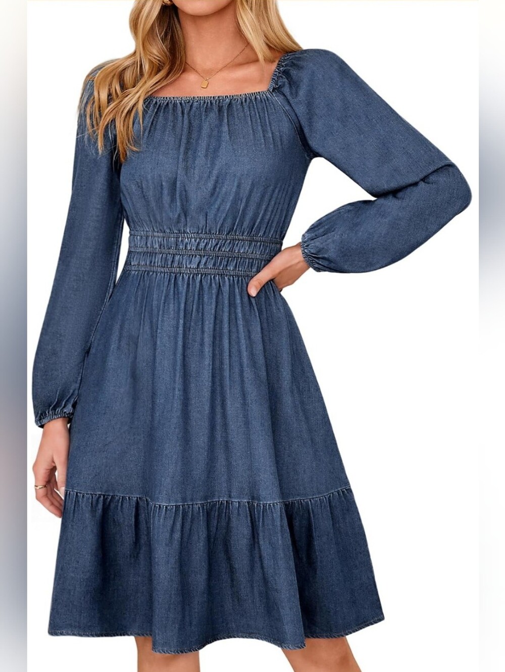 NWT Denim Blue Lyocell Smocked Waist A-Line Dress Size Large - Picture 5 of 6